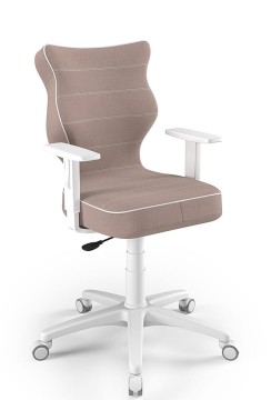 Modern ergonomikus irodai szék világosszürke lábcsillaggal és rózsaszín párnázott ülőfelülettel, fehér háttér előtt.
