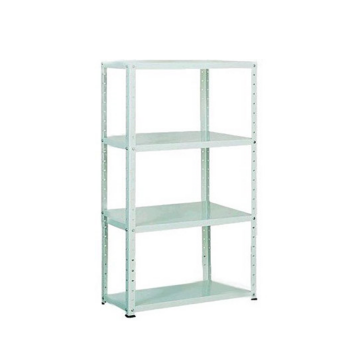 Világosszürke, fém polcrendszer négy polccal, nyitott kialakítással, irodai dokumentumok rendezett tárolására alkalmas.
