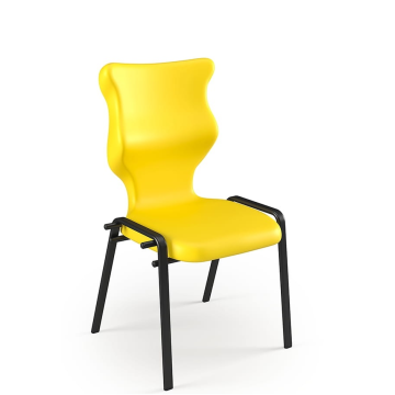 Modern iskolai szék élénk sárga ülőlappal és háttámlával, fekete fémvázzal, ergonomikus kialakítással, iskolai bútor tantermi használatra.
