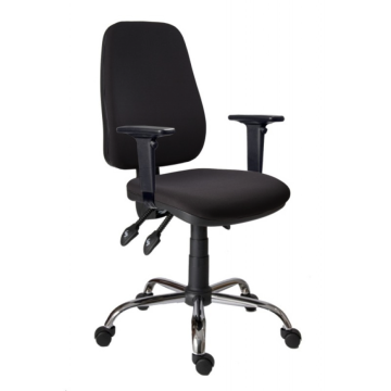 Fekete ergonomikus irodai forgószék világosszürke lábcsillaggal, karfákkal, modern irodai környezethez tervezve, kényelmes ülés biztosítására.
