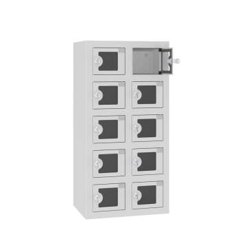 Modern, világosszürke irattartó szekrény tíz átlátszó ajtós rekesszel, USB csatlakozókkal, irodai dokumentumok biztonságos tárolására.
