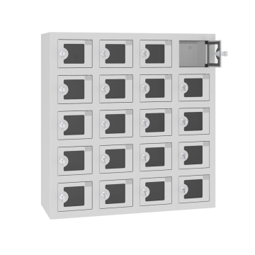 Világosszürke, húszrekeszes irattartó szekrény átlátszó ajtókkal és USB csatlakozókkal, irodai biztonságos tárolás céljára.
