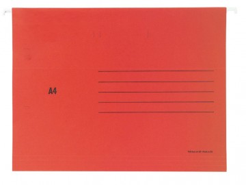 Piros függőmappa világosszürke akasztókkal, A4-es dokumentumok rendszerezett tárolására irattartó szekrények számára.
