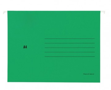 Zöld A4 méretű függőmappa címkével, iratok rendszerezésére és tárolására irattartó szekrények fiókjaiban irodai környezetben.
