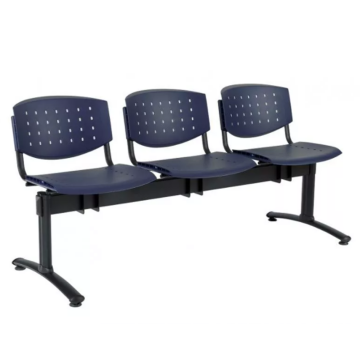 Háromszemélyes, sötétkék műanyag ülőpad világosszürke fém vázzal, várótermi vagy irodai használatra, ergonomikus kialakításban
