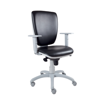 Modern, ergonomikus irodai szék fekete ülőfelülettel és világosszürke vázzal, ideális otthoni vagy munkahelyi irodabútor.
