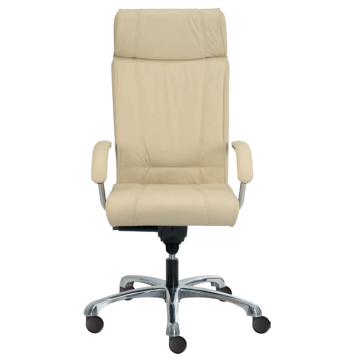 Modern világosszürke irodai szék ergonomikus kialakítással, magas háttámlával és párnázott karfákkal, irodabútor kényelmes munkavégzéshez.
