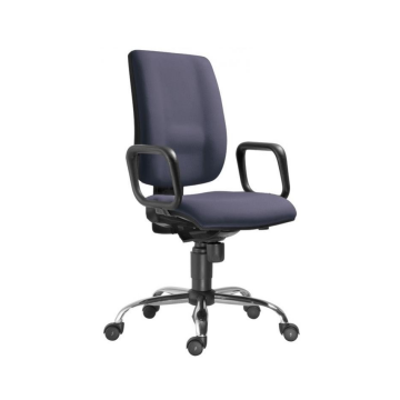 Modern, ergonomikus, világosszürke és sötétkék antisztatikus irodai szék magas háttámlával, karfákkal, görgős lábkereszttel munkahelyi használatra.
