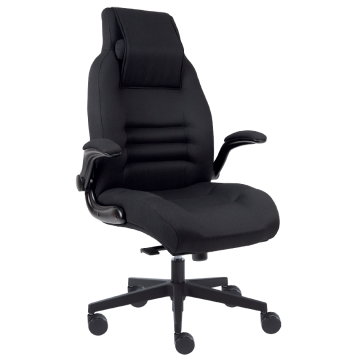 Fekete, ergonomikus irodai szék magas háttámlával és fejtámasszal, modern irodai környezetbe tervezve, kényelmes munkavégzéshez.
