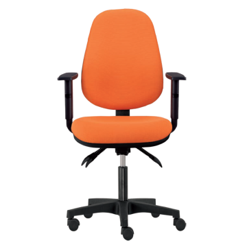 Ergonomikus, narancssárga irodai szék világosszürke és fekete elemekkel, magas háttámlával, görgős lábakkal munkahelyi használatra.
