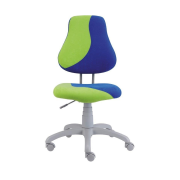 Modern gyerek forgószék világosszürke vázzal, zöld és kék kárpittal, ergonomikus kialakítással irodai vagy tanulószobai használatra.
