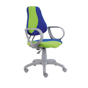 Vidám zöld és kék gyerek szék világosszürke vázzal, ergonomikus kialakítással és karfákkal tanuláshoz vagy íróasztalhoz.
