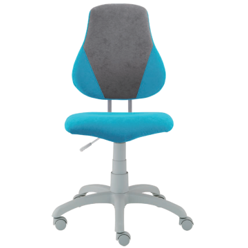 Modern, világosszürke és türkizkék növekvő szék ergonomikus háttámlával, állítható magassággal, gyermekeknek tanuláshoz tervezve.
