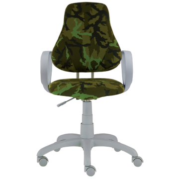Világosszürke lábú, ergonomikus növekvő szék gyerekeknek, terepmintás huzattal és kényelmes karfákkal, otthoni tanuláshoz ajánlott.
