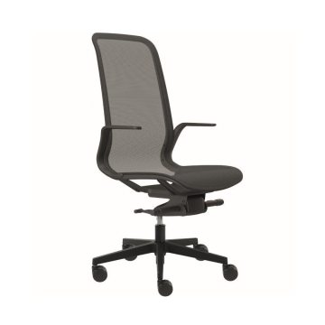 Modern, hálós háttámlájú és ülőfelületű irodai szék világosszürke görgős lábbal, ergonomikus kialakítással, munkahelyi használatra.
