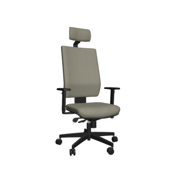 Modern, világosszürke irodai szék ergonomikus háttámlával és fejtámlával, fekete lábakkal, ideális munkahelyi környezetbe.
