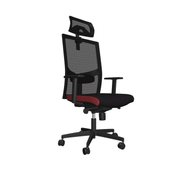 Modern irodai szék fekete hálós háttámlával, piros oldalsó betéttel és fekete karfákkal, ergonomikus irodai szék munkahelyi környezetben.
