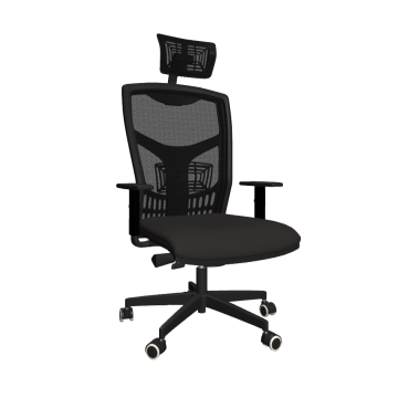Fekete, modern hálós háttámlájú irodai szék állítható fejtámlával, ergonomikus kialakítással irodai munkavégzéshez.
