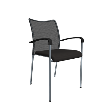 Fekete hálós háttámlájú, karfás irodai szék világosszürke fém lábakkal, modern irodai környezetbe tervezve, ergonomikus kialakítással.
