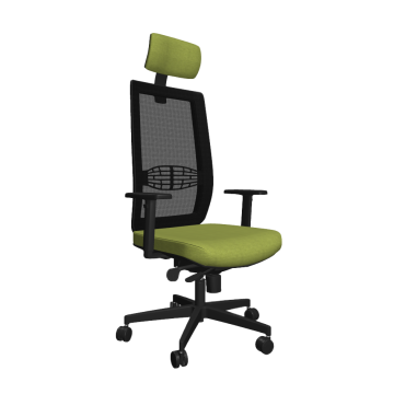 Zöld és fekete, ergonomikus irodai szék hálós háttámlával, állítható fejtámlával, modern irodabútor dolgozószobába.
