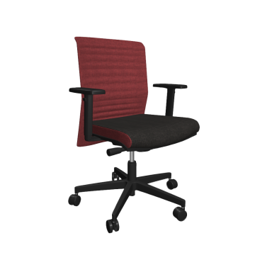 Bordó háttámlás, fekete ülőfelületű és karfás irodai forgószék ergonomikus kialakítással, modern szék munkahelyi használatra.
