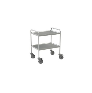 Világosszürke, kétszintes gurulós tárolókocsi masszív fémszerkezettel, irodai vagy raktári tárolóeszköz ergonomikus megoldásként.
