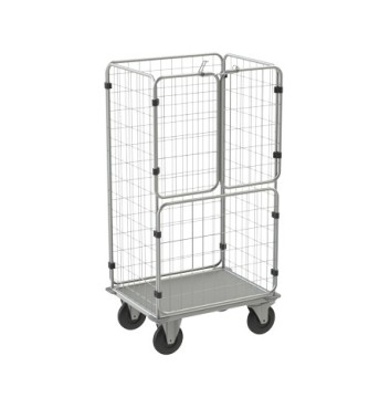 Görgős, világosszürke fém rácsos tárolókocsi ipari használatra, raktárakban vagy logisztikában áruszállítás céljából.
