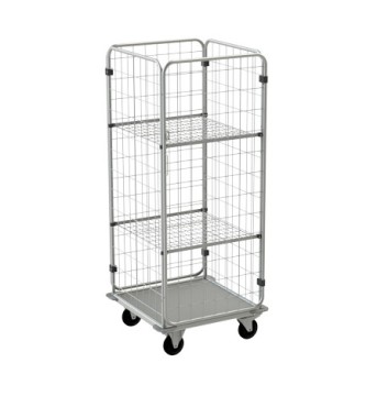 Világosszürke, fém szállítóketrec két polccal és négy kerékkel, raktári árumozgatásra tervezett logisztikai eszköz, üresen látható.
