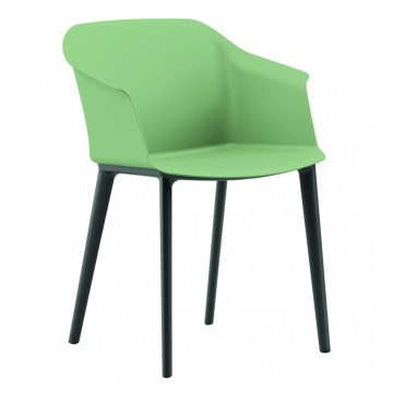 Modern világoszöld műanyag irodaszék karfával, fekete lábakkal, ideális tárgyalóterembe vagy irodai használatra, ergonomikus design szék.
