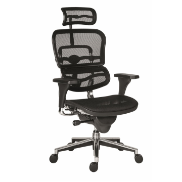 Modern, ergonomikus irodai szék fekete hálós háttámlával és ülőfelülettel, állítható fejtámlával, karfákkal, fémszínű lábkereszttel, ergonomia fókuszban.
