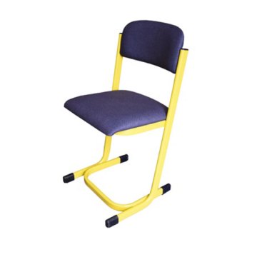 Világosszürke vázas, sötétkék ülőfelületű irodai szék ergonomikus háttámlával, ideális tantermekbe vagy irodai munkakörnyezetbe.
