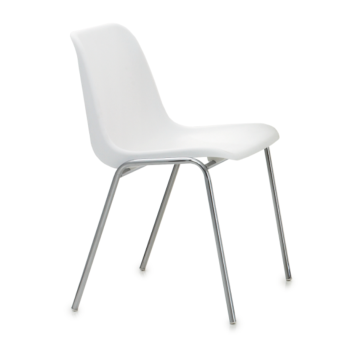Modern világosszürke műanyag szék fémlábakkal, minimalista designnal, irodai vagy tárgyaló bútor kategóriában.
