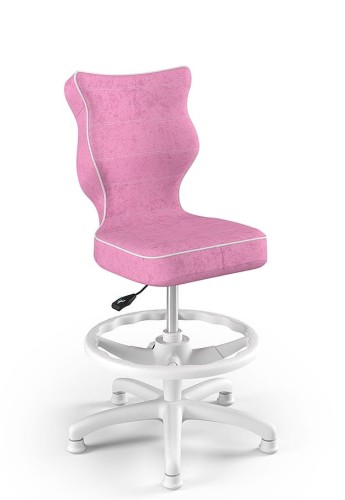 Rózsaszín, állítható magasságú, ergonomikus forgószék világosszürke lábbal, ideális gyerekeknek íróasztal mellé tanuláshoz.
