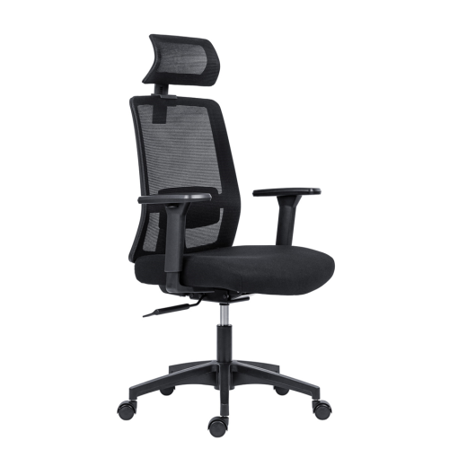 Fekete ergonomikus irodai forgószék állítható kartámaszokkal, hálós háttámlával és fejtámlával, kényelmes ülőfelülettel, munkahelyi használatra.