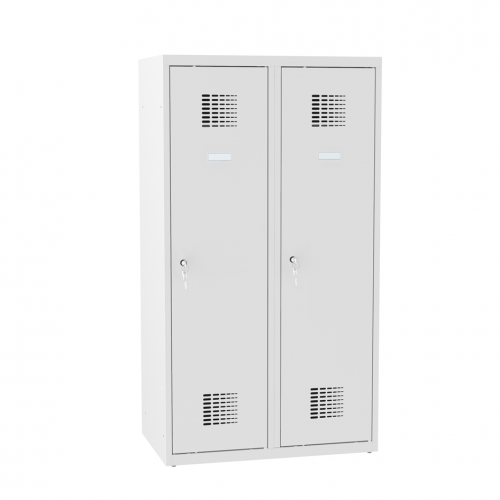 Világosszürke, zárható öltözőszekrény irodai használatra, szellőzőnyílásokkal, fém szerkezettel, dokumentumok biztonságos tárolásához.
