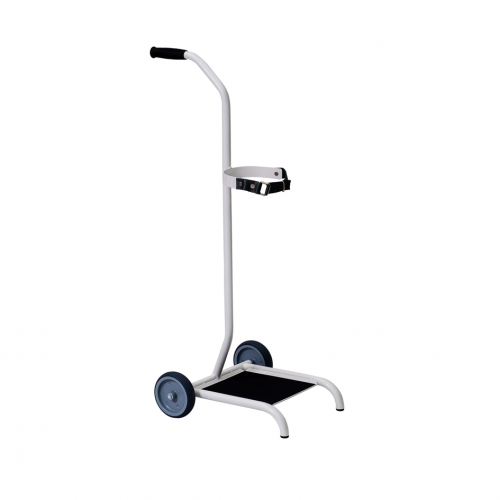 Ipari felhasználásra tervezett palackkocsi két nagy kerékkel, világosszürke fémvázzal és ergonomikus fogantyúval a biztonságos mobilitás érdekében.