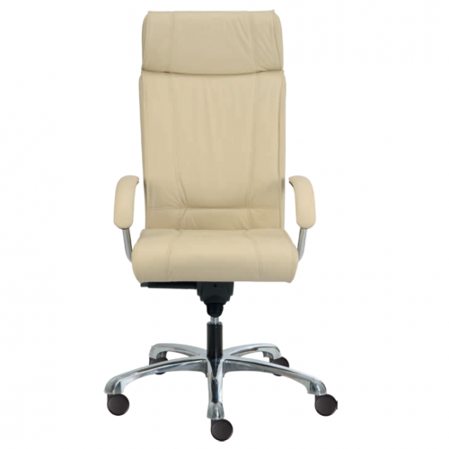 Modern világosszürke irodai szék ergonomikus kialakítással, magas háttámlával és párnázott karfákkal, irodabútor kényelmes munkavégzéshez.
