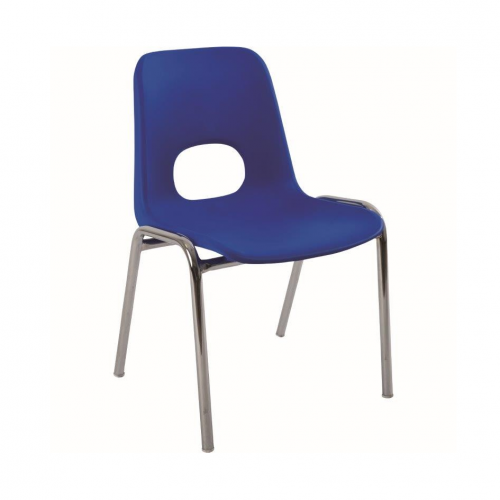 Világosszürke fém lábú, kék ülőfelületű gyermek szék ergonomikus háttámlával, ideális óvodai vagy otthoni használatra.
