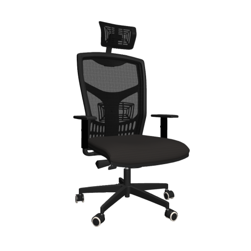 Fekete, modern hálós háttámlájú irodai szék állítható fejtámlával, ergonomikus kialakítással irodai munkavégzéshez.
