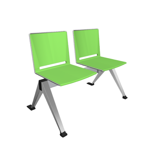 Kétüléses, világosszürke vázas, zöld műanyag multisedák várótermekhez vagy irodai közösségi terekhez, modern minimalista designnal.
