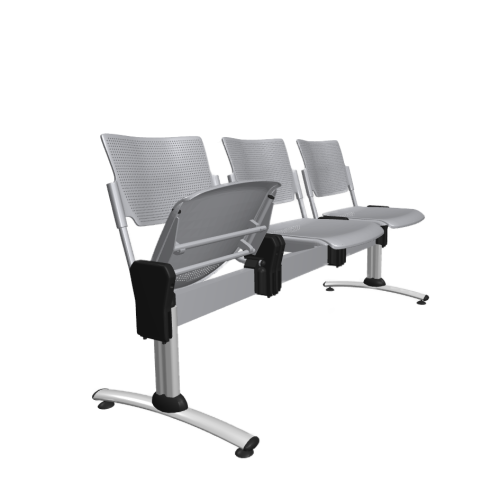 Háromszemélyes, világosszürke fém várótermi pad ergonomikus kialakítással, közösségi terekbe, irodabútor megoldásként.