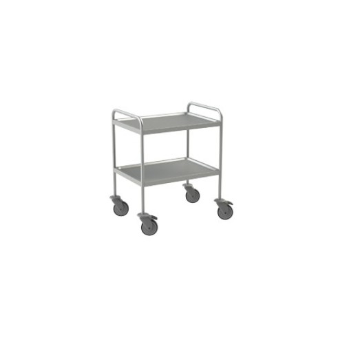 Világosszürke, kétszintes gurulós tárolókocsi masszív fémszerkezettel, irodai vagy raktári tárolóeszköz ergonomikus megoldásként.

