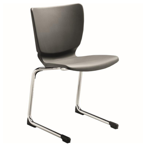 Modern, világosszürke műanyag irodabútor szék szánkótalpas krómozott fém lábakkal, ergonomikus háttámlával, tárgyalókba vagy irodákba ajánlott.
