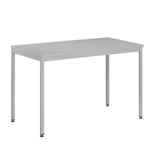 Modern világosszürke asztal fém lábakkal, téglalap alakú lappal, minimalista stílusban, irodai vagy otthoni használatra ideális bútor.
